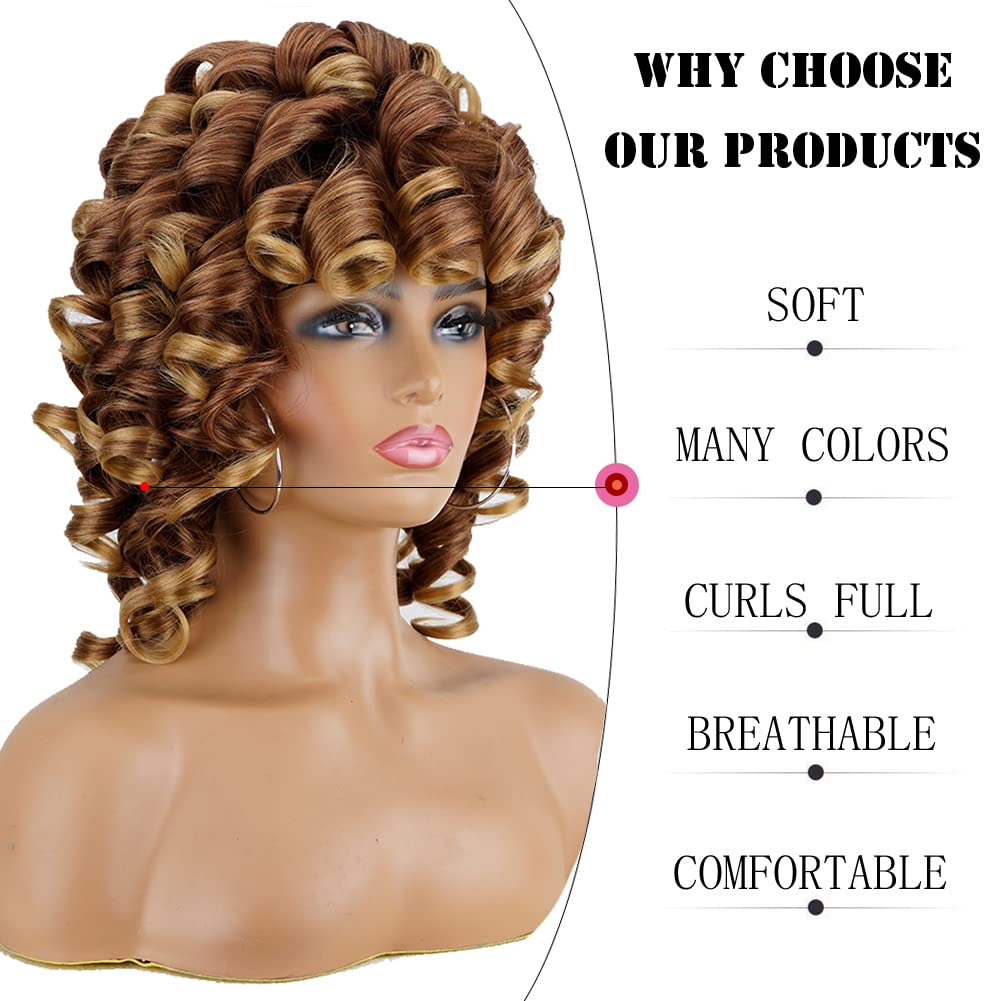 andromeda Short Curly Wigs for Black Women Soft Brown Blonde Big Curly Wig with Bangs Afro Kinky Curls Heat Resistant Daily Synthetic Wig for African American Women (T27)