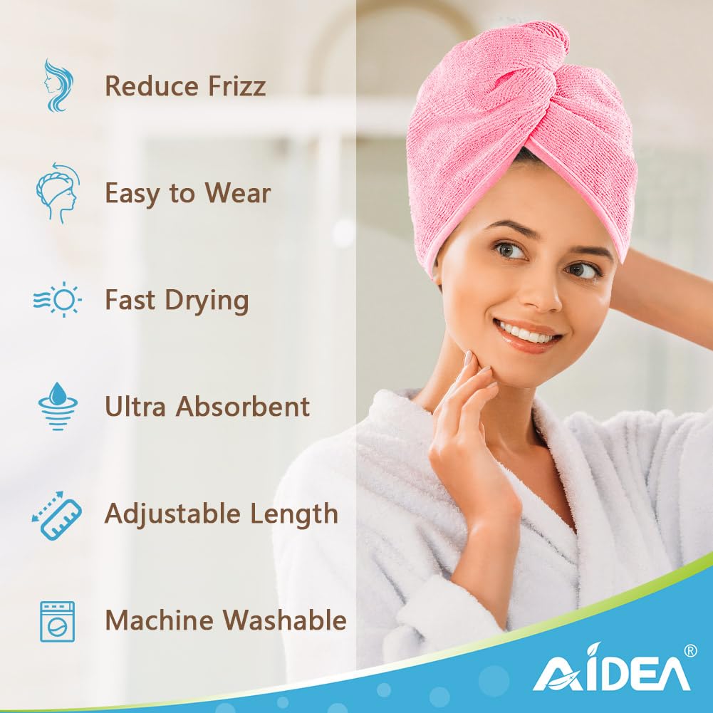 AIDEA Microfiber Hair Towel Wrap, 2 Pack Hair Turbans, Super Absorbent Quick Dry Hair Towel Wrap for All Hair Types Anti Frizz, 26"×10", Pink