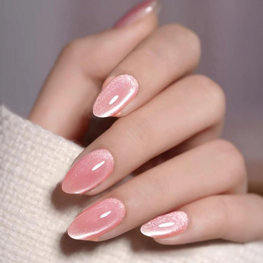 GLAMERMAID Pink Press on Nails Short Almond, Handmade Magnet Cat Eyes Jelly Gel Fake Nail Kits, Ombre Glitter Magnetic Glue on Nail Stiletto, Mermaid Medium Oval Stick on False Nail Set for Women