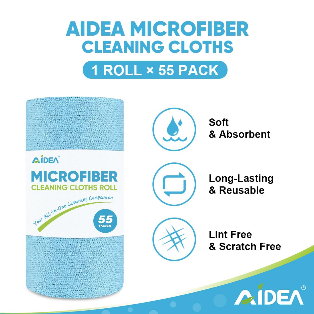 AIDEA Microfiber Cleaning Cloth 55 Sheets 3 Roll, Microfiber Towels for Cars, Blue Shop Towels, Shop Rags Washable, Cleaning Rags Reusable Paper Towels for Automotive, Mechanic, Workshops, House,11×9"