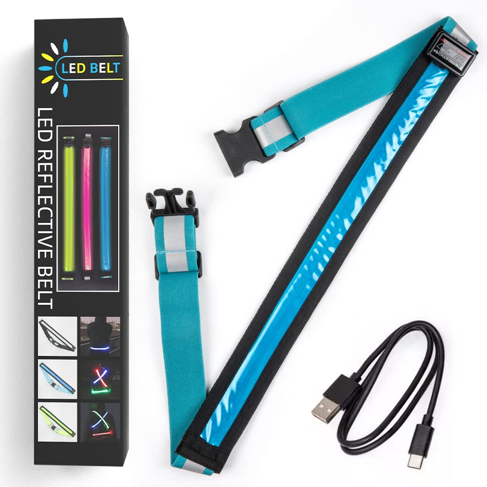 OLIKER LED Reflective Running Gear,High Visibility Reflective Belt Sash with Safety Light,USB Rechargeable Adjustable Size Night Reflective Accessories for Night Outdoor Sports Running Walking (Blue)