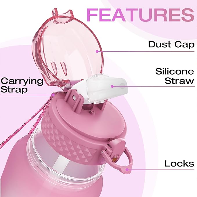 OLDLEY Kids Water Bottle for School, 12 oz (Straw Lid) BPA-Free Reusable Leak-proof Durable Tritan Plastic Water Bottles with One-handed Opening Straw Lids, Anti-dust Spout Cover (Sweet Pink)