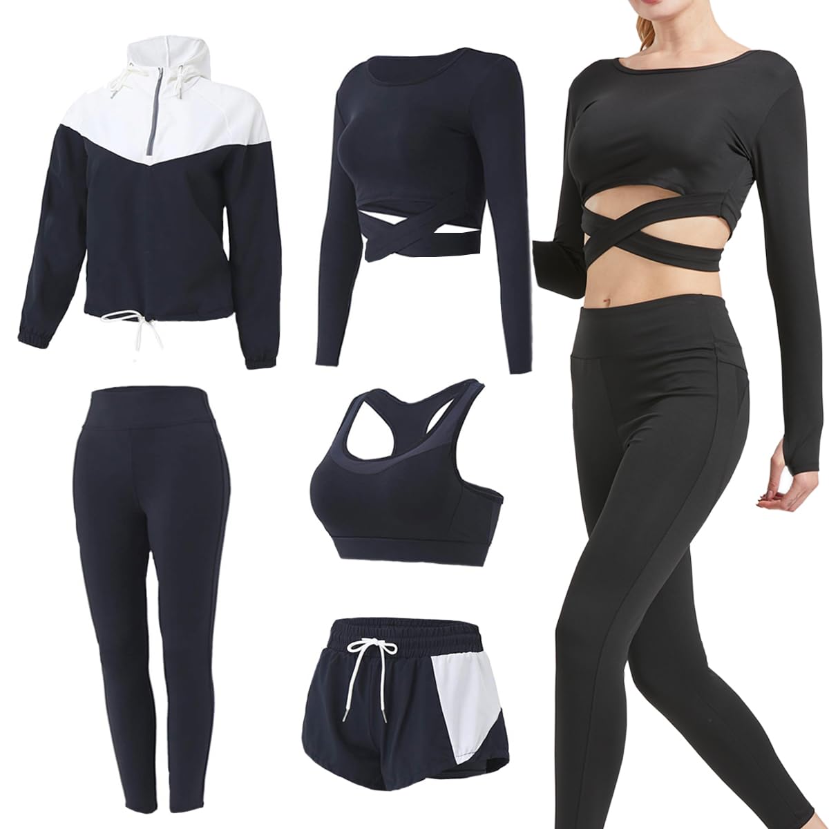 MISDENK Workout Sets for Women, 5 PCS Gym Athletic Sets Yoga Running Outfits Tracksuit Activewear Sports Clothes (Black, S)