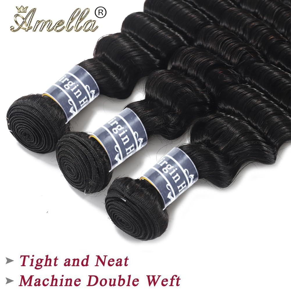 Amella Loose Deep Wave Bundles Human Hair One Bundle 100% Unprocessed Brazilian Virgin Human Hair Bundles Deep Wave Human Hair Bundles Hair Extensions Natural Color For Women 14 inch