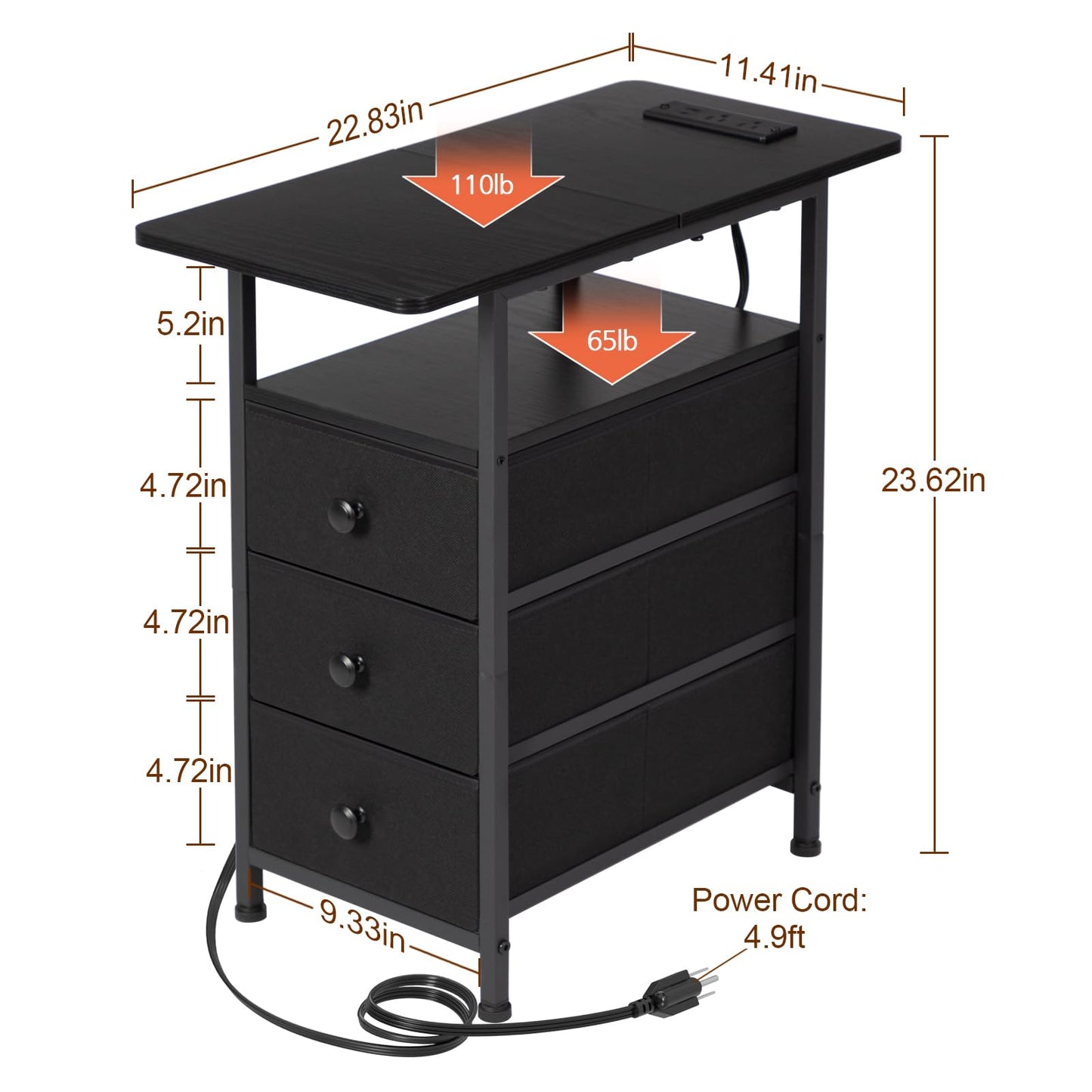 AMHANCIBLE End Tables Living Room with Charging Station, Narrow Side Table with USB Ports and Outlets, Slim Nightstand with 3 Fabric Drawers for Bedroom, Small Space, Black, HETN013BK-1