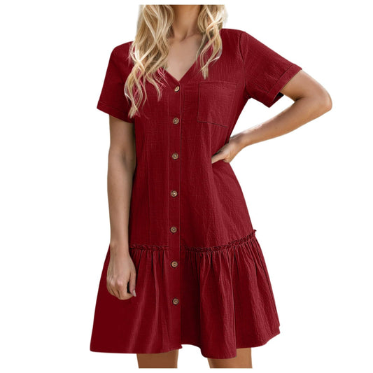 Aniywn Button Dresses for Women 2024 Casual Loose Summer Cotton Linen Dress Ruffle Hem Casual Dress Short Sleeve Tunic Dress