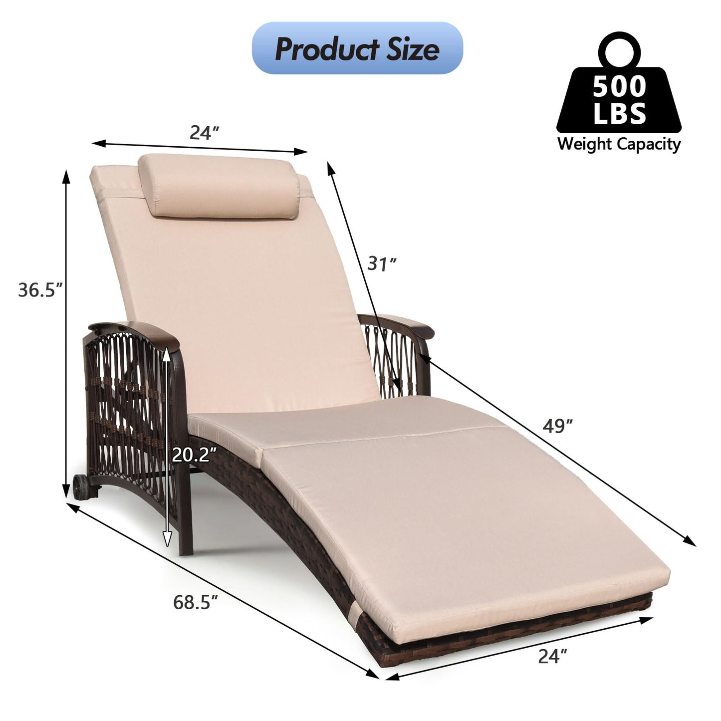 ZZWHOM Outdoor Chaise Lounge Set of 2 Outdoor Wicker Rattan Patio Chairs Recliners with 5-Position Backrest & Thickened Cushions & Wheels for Backyard Pool Beach