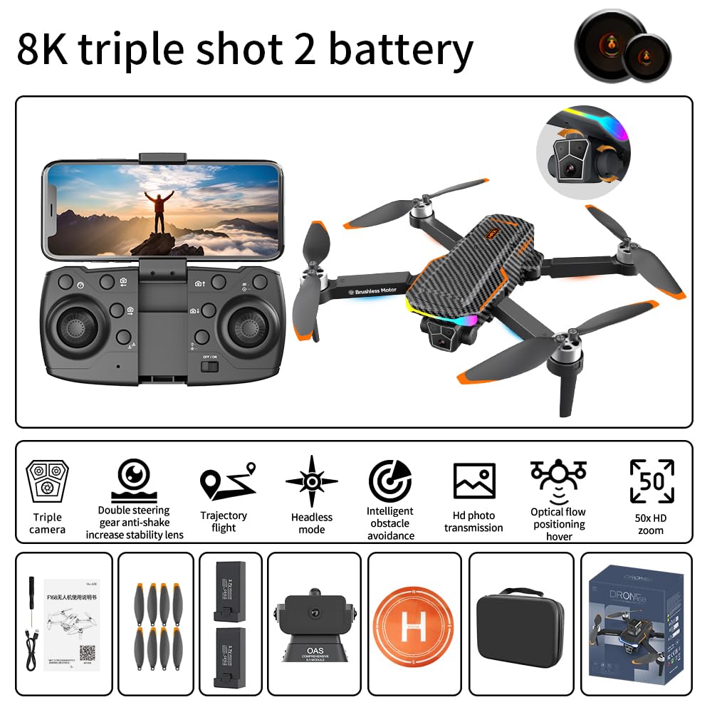 AMHYEWO 8K HD Triple Lens Drone with Carbon Fiber Frame, 50 Min Flight, 360° Obstacle Avoidance & Brushless Motors | Optical Flow Hover, Headless Mode for Adults