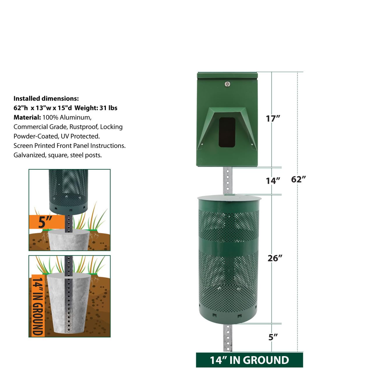 Mutt Mitt® Rustproof Commercial Grade Aluminum Low Profile Dog Waste Station with 400 Dog Waste Bags (No Sign) (Green - 2-Ply Bags)