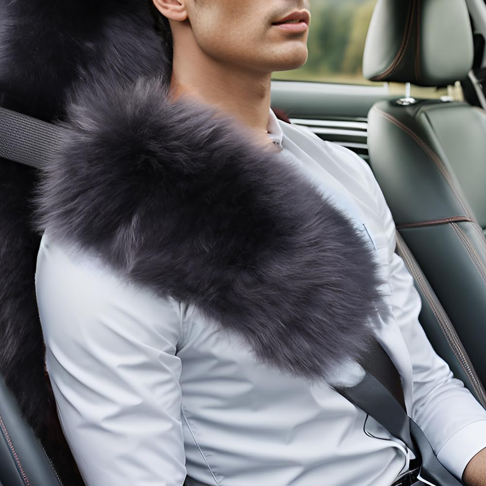 Authentic Sheepskin Car Seat Belt Pad,2 Pack Soft Seat Belt Cover for Shoulder Pad Neck Cushion Protector Car Accessories by Genuine Natural Merino Wool (Black)