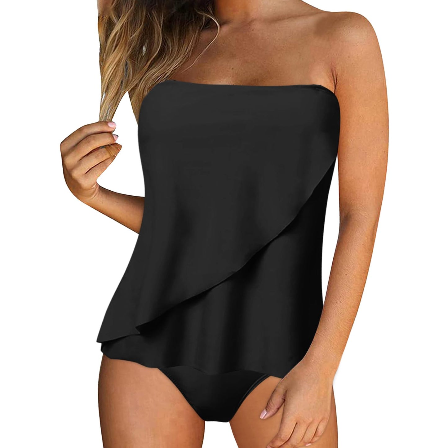 JEUROT 2 Piece Bandeau Swimsuits for Women Strapless Bathing Suits Tummy Control Flowy Swimwear with High Waisted Bottom Swim Suits 2024 Beach Vacation Outfits (Black, XXL)