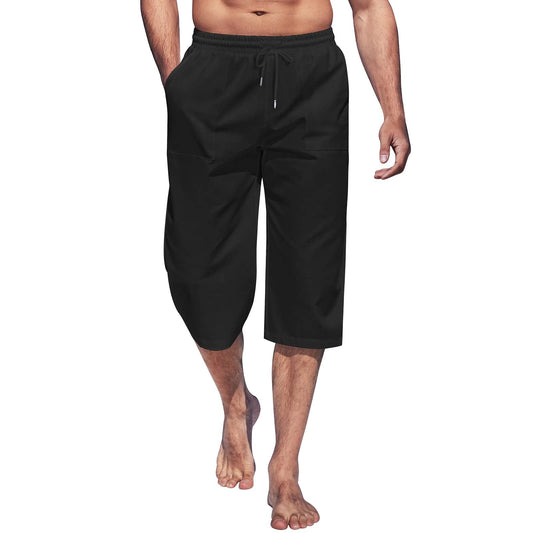 lightning deals of today prime,Beach Pants for Mens Capri Pants Solid Color Elastic Waist Tapered Pants Drawstring Capris Baggy Pants Trousers