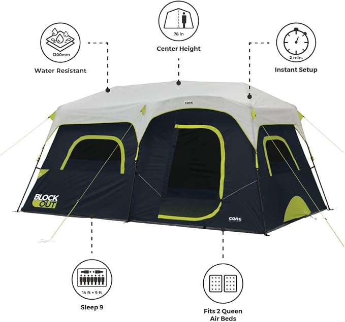 CORE Blackout Instant Cabin Tent | Large Family Pop Up Dark Room Tent with Easy Camp Setup | Included Storage Pockets for Outdoor Camping Accessories