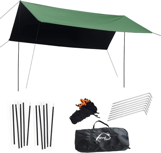 Wind Tour Portable Multifunctional Outdoor Camping Traveling Awning Backpacking Tarp Sunshade Lightweight UV Protection and PU 3000mm Waterproof Rain Fly Tarp Shelter (177×177 inches)