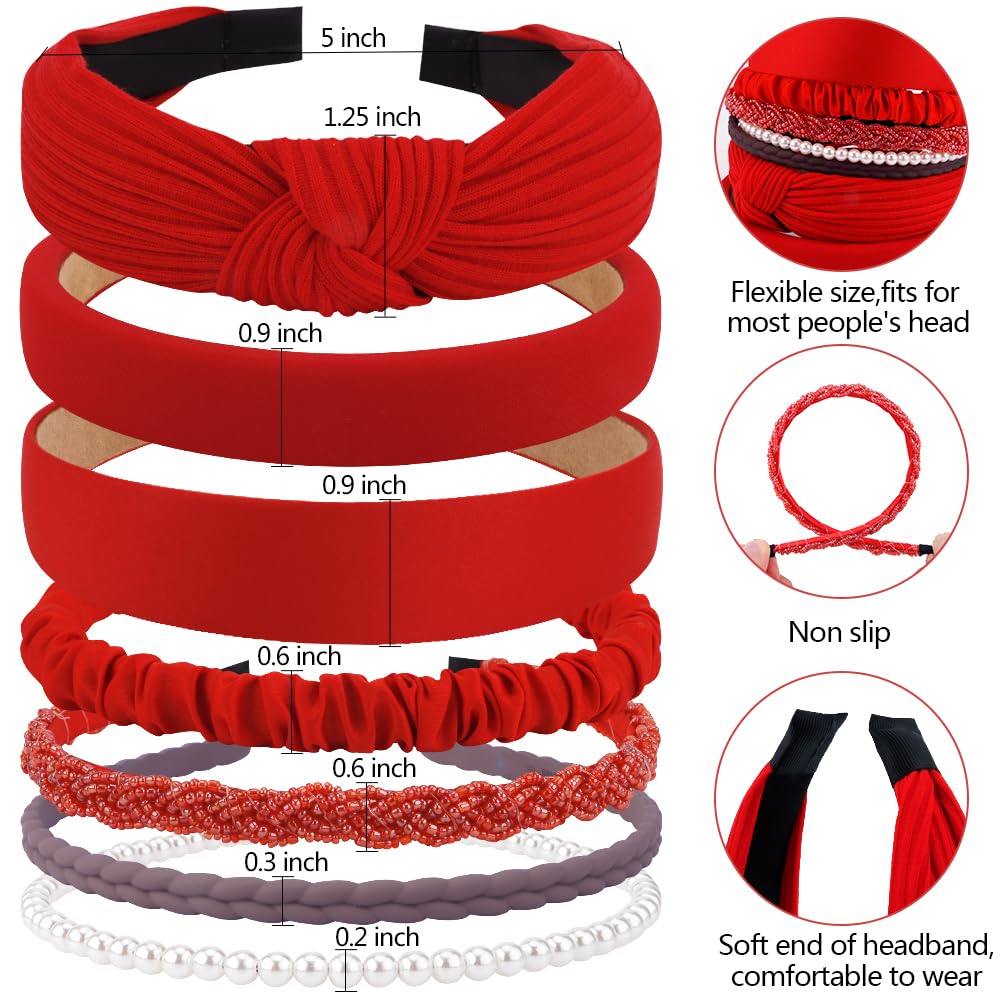 AHONEY 7 Pack Red Headbands for Women Christmas Headbands Trendy Non Slip Hairbands Cute Hair Accessories Multi-style Headband Pack (Redl)
