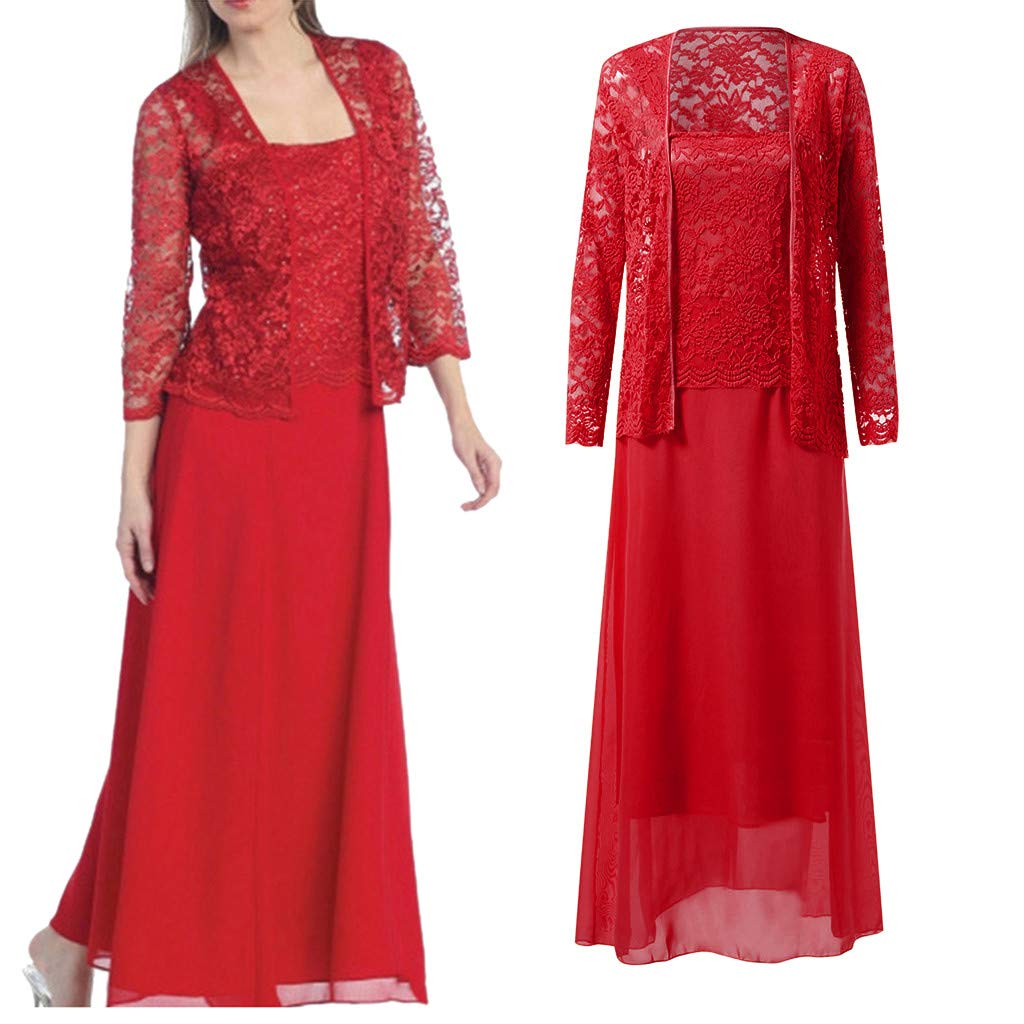 Aniywn Women Plus Size Two Piece Long Sleeve Party Dress Lace Solid Color Elegant Long Maxi Dress Mini Dress