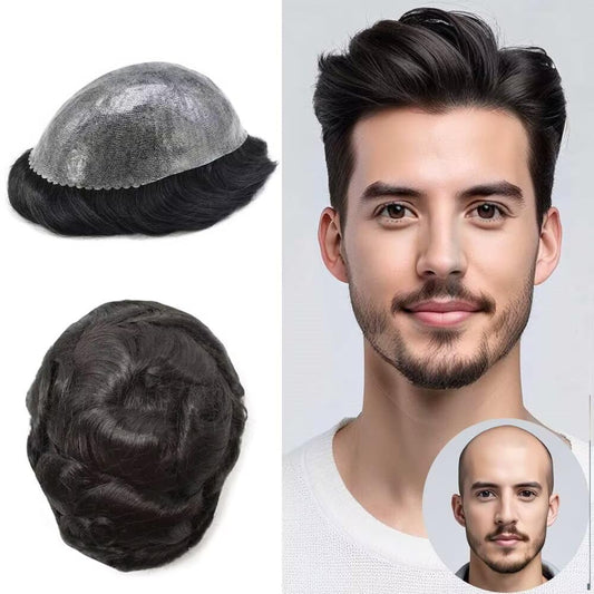 All Poly Toupee for Men Hairpieces Human Hair Replacement System 0.1mm PU Injected Mens Toupee Human Hair Natural Toupee Hair for Men 8X10,#1 Jet Black