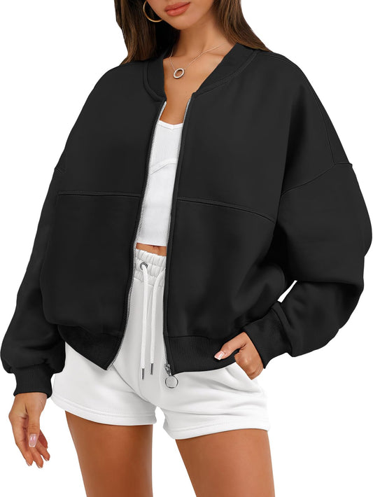 ANRABESS Women's Zip up Oversized Sweatshirts Fleece jacket Coat Long Sleeve Casual Hoodie 2024 Winter Teen Girl Top Clothes Black Small