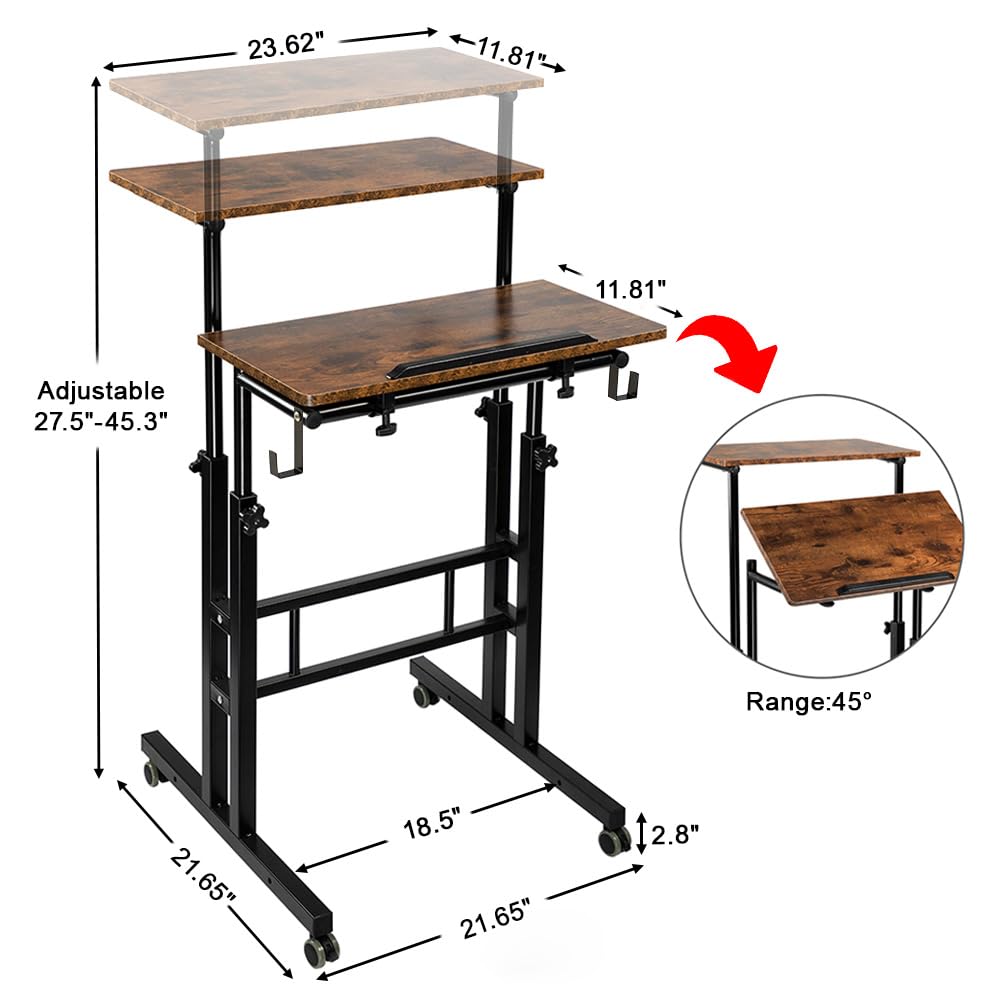 SIDUCAL Mobile Standing Desk, Portable Stand Up Desk, Small Adjustable Converter with Wheels Home Office Workstation, Rolling Laptop Cart for Sitting, Rustic Brown