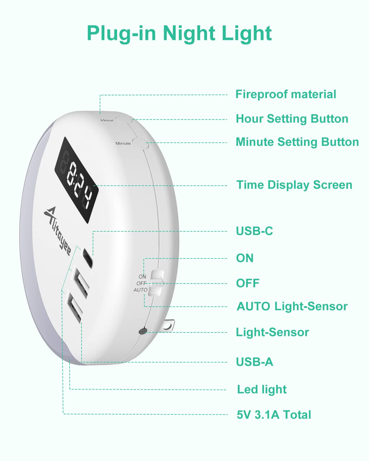 Alitayee LED Night Light, Night Lights Plug Into Wall, Smart Light Sensor Nightlight with USB C Charger(MAX 15.5W) and Digital Clock for Bedroom Stairs Kitchen Hallway Room Kids Adults Daylight White