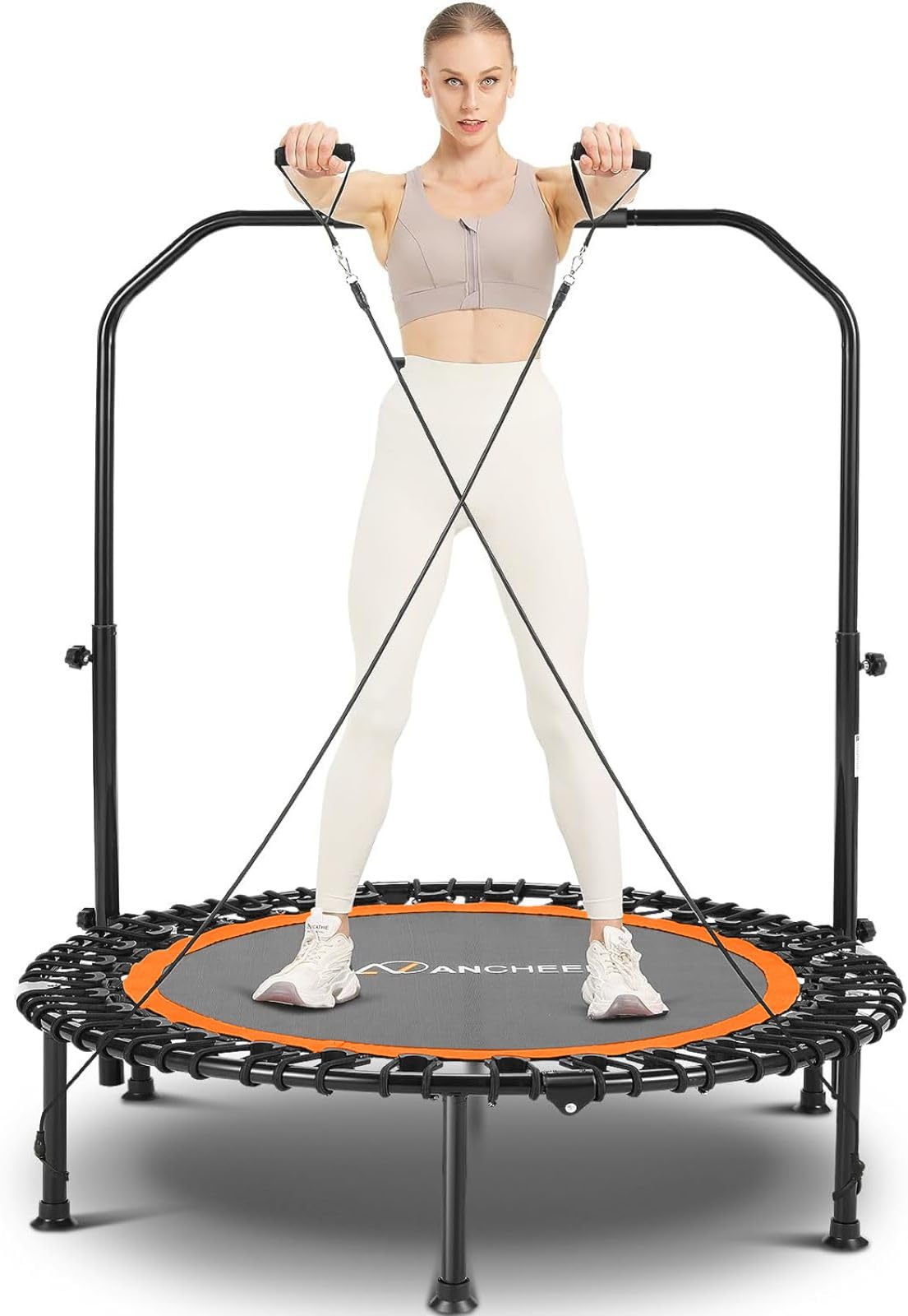 ANCHEER 40" Foldable Mini Trampoline - Max Load 350lbs - 450lbs Indoor Trampoline - with 4 Level Adjustable Foam Handle and Resistance Bands - Adult Exercise Trampoline for Home,Gym and Garden(O)