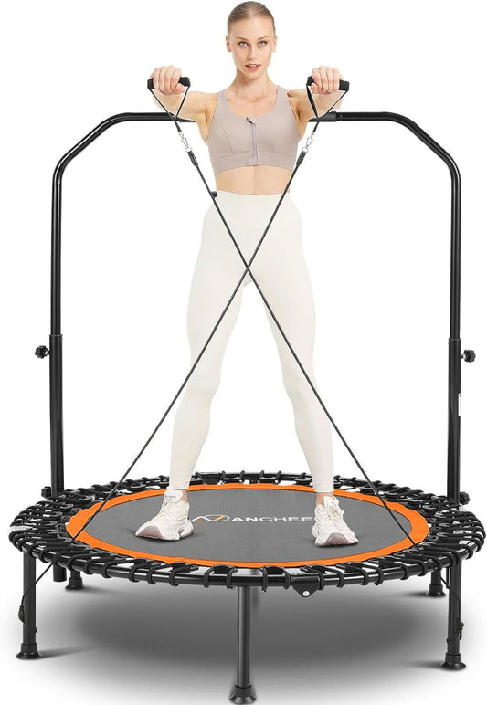 ANCHEER 40" Foldable Mini Trampoline - Max Load 350lbs - 450lbs Indoor Trampoline - with 4 Level Adjustable Foam Handle and Resistance Bands - Adult Exercise Trampoline for Home,Gym and Garden(O)