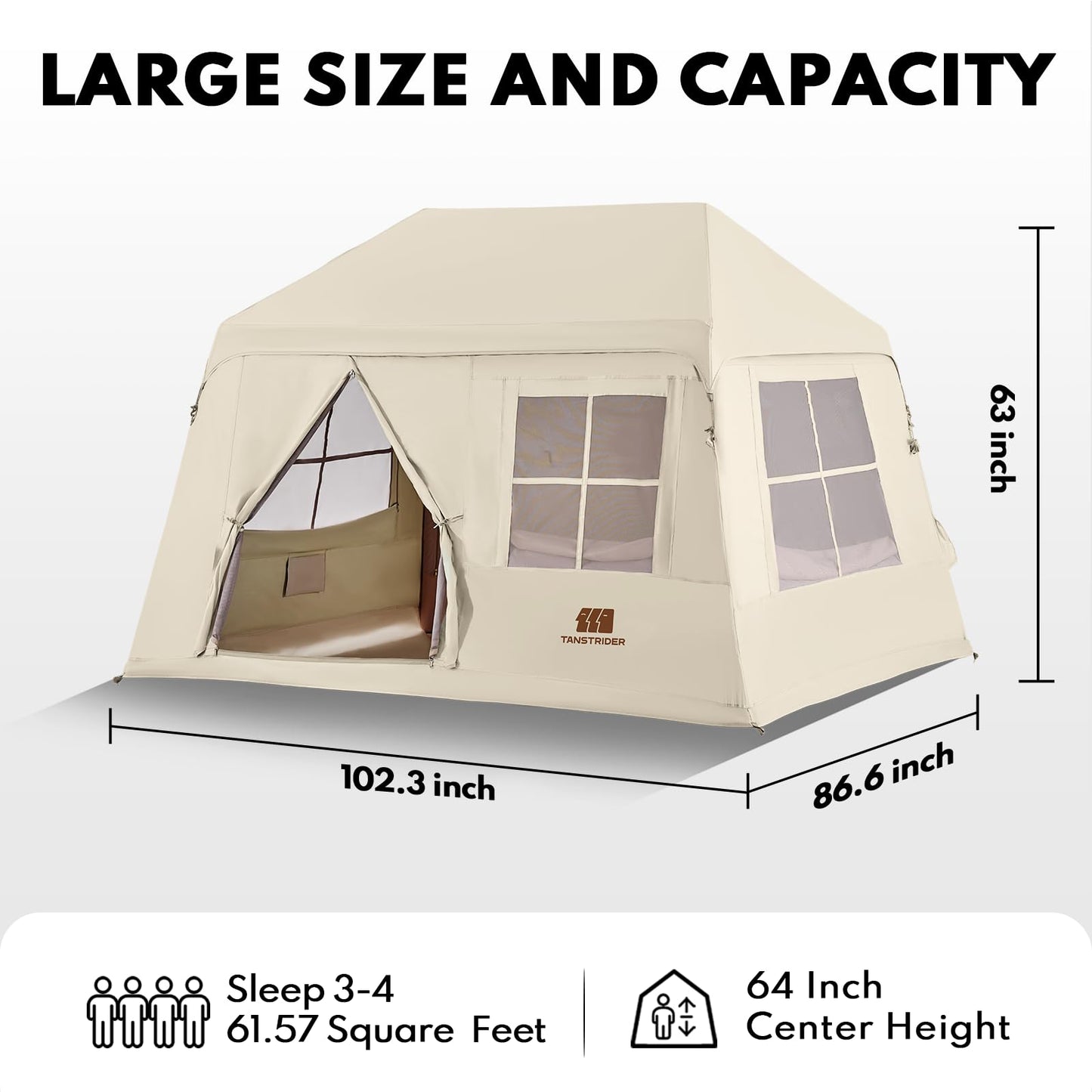 Inflatable Tents for Camping, Blow Up Tent with Hand Pump, 3-4 Person Air Glamping Tent with Canopy, Easy Setup 4 Season Waterproof Windproof Outdoor Glamping House（Brown）