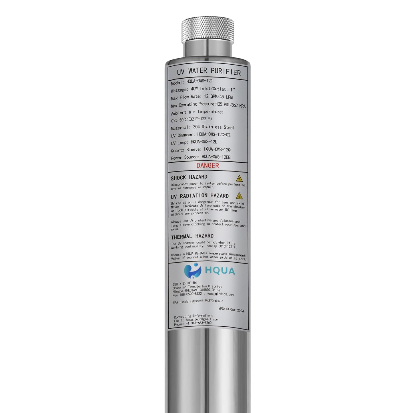 HQUA-OWS-121 120V 40W 12GPM 1” Inlet/Outlet MNPT Whole House Ultraviolet Water Purifier Filter, +1 Extra UV Bulb