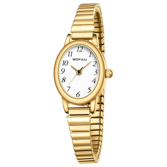 BOFAN Small Gold Watches for Women Easy Read Ladies Quartz Wrist Watch with Stainless Steel Expansion Band,Waterproof.（6.10in-6.89in）