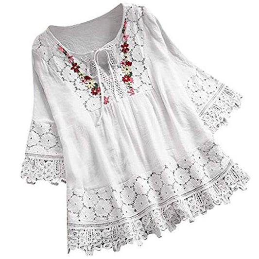 Aniywn Women Round Neck Lace Up Lace Patchwork Flare Pullover Top Casual Plus Size 3/4 Sleeve Floral Printed T-Shirt White