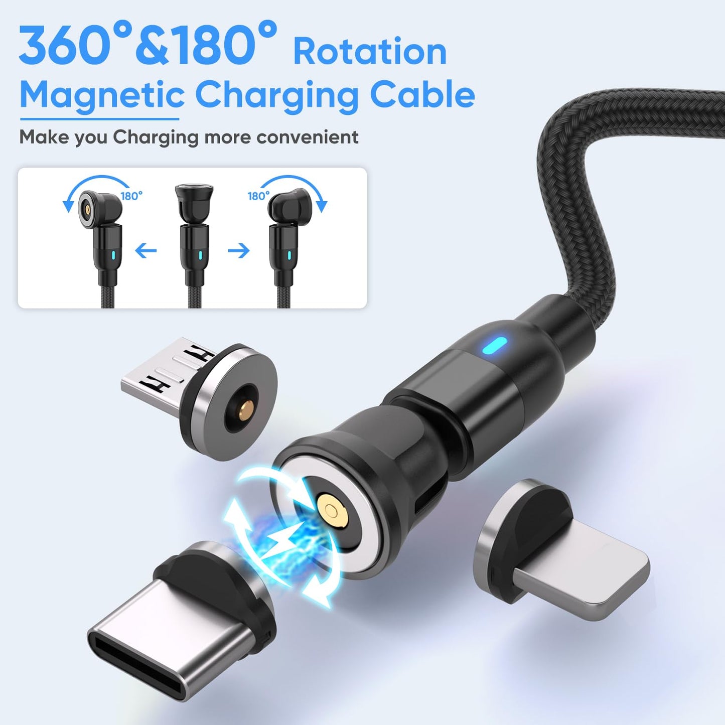 Ankeanmade 540 Rotating Magnetic Charging Cable [7-Pack, 1.6ft/3ft/3ft/6ft/6ft/10ft/10ft] 3 in 1 Nylon Braided Magnetic USB Cable for iProduct/Micro USB/Type C Device