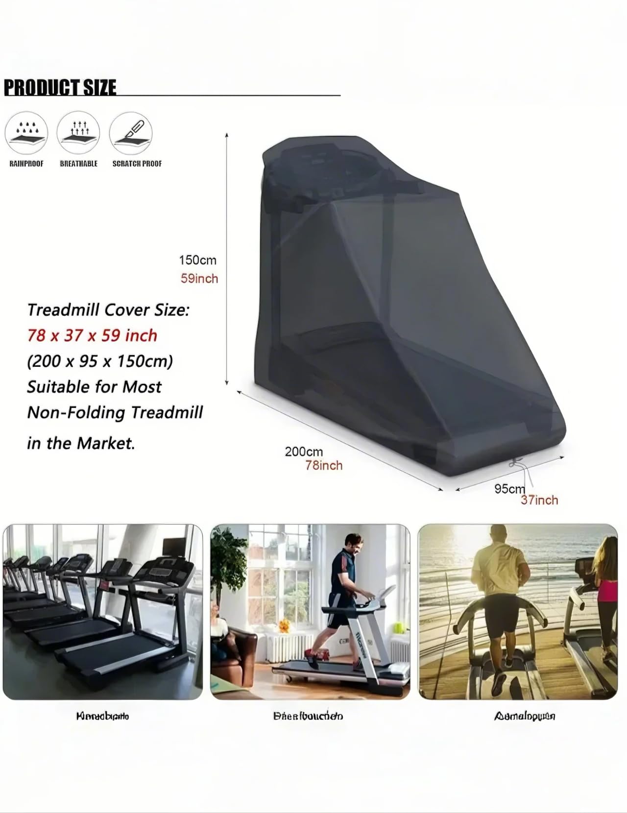 Treadmill Cover Waterproof Outdoor,78.7 x 37.4 x 59 inches Dustproof Running Machine Cover with Drawstring,Treadmill Cover for Home and Gym
