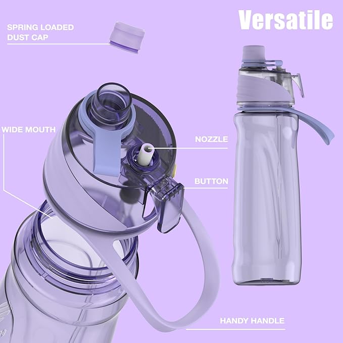 FEIJIAN Mist Water Bottle,22oz Sports Water Bottle with 2-IN-1 Mist & Sip Function, BPA-Free Plastic Water Bottles, Misting Water Bottle, Leakproof & Lightweight, Ideal for Fitness and Outdoor, Purple