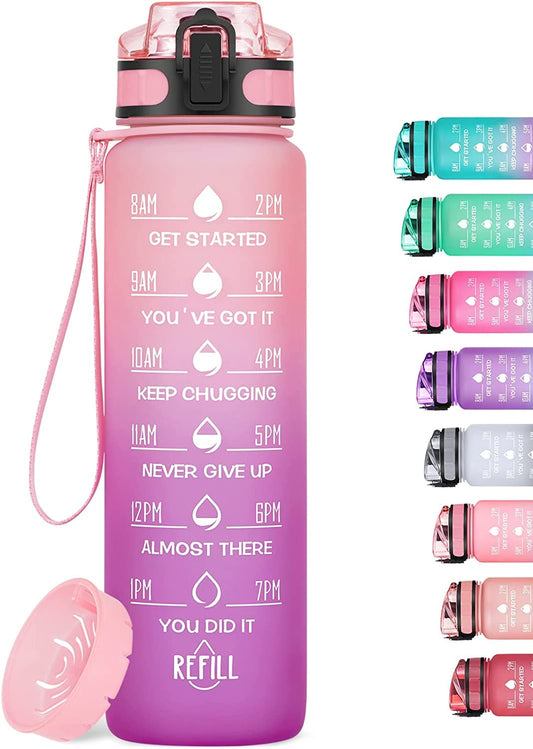 MEITAGIE 32oz Motivational Water Bottle with Time Marker & Fruit Strainer, Leak-proof BPA Free Non-Toxic Bottle with Carrying Strap, Perfect for Fitness, Gym and Outdoor Sports