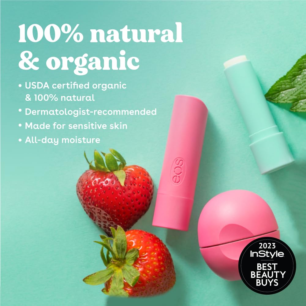 eos 100% Natural & Organic Lip Balm Sphere- Vanilla Bean, All-day Moisture, Dermatologist Recommended for Sensitive Skin, Lip Care Products, 0.25 oz (Pack of 2)