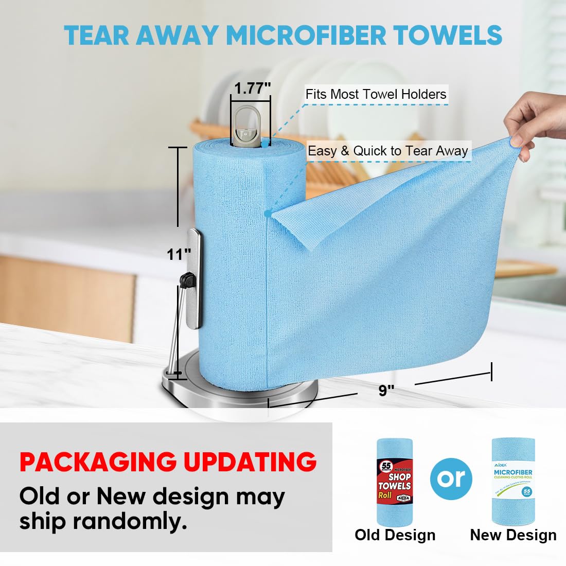 AIDEA Microfiber Cleaning Cloth 55 Sheets 3 Roll, Microfiber Towels for Cars, Blue Shop Towels, Shop Rags Washable, Cleaning Rags Reusable Paper Towels for Automotive, Mechanic, Workshops, House,11×9"
