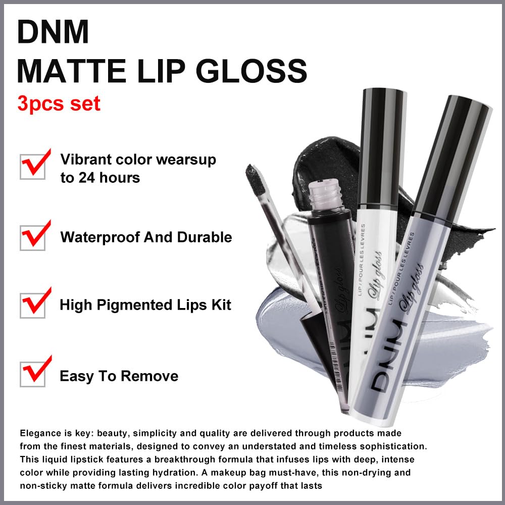 AMY'S DIARY Black White Gray Matte Plum Liquid Lipstick 3Pcs Sets,24-hour Lipstick Long Lasting Permanent L Magic Lipstick Waterproof Lip Stain 24 Smudge Waterproof for Women (Set16)
