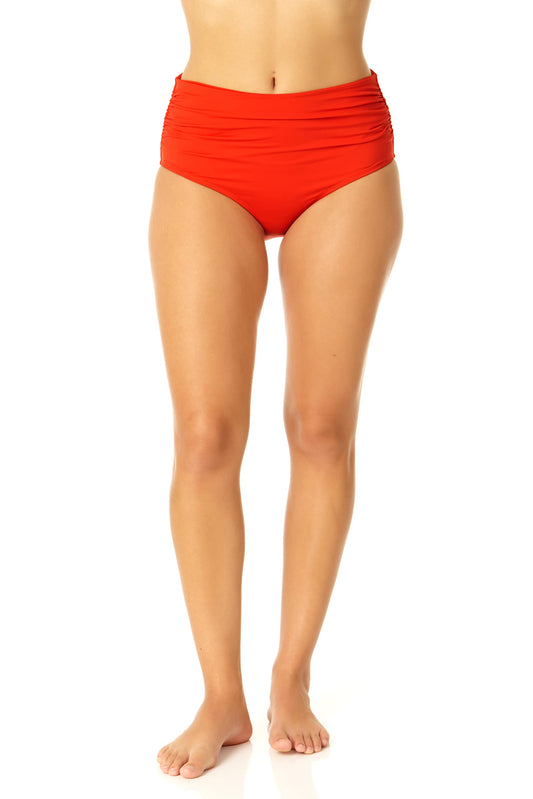 Anne Cole Women's Standard High Waist to Fold Over Shirred Bikini Bottom Swimsuit, Spice Red