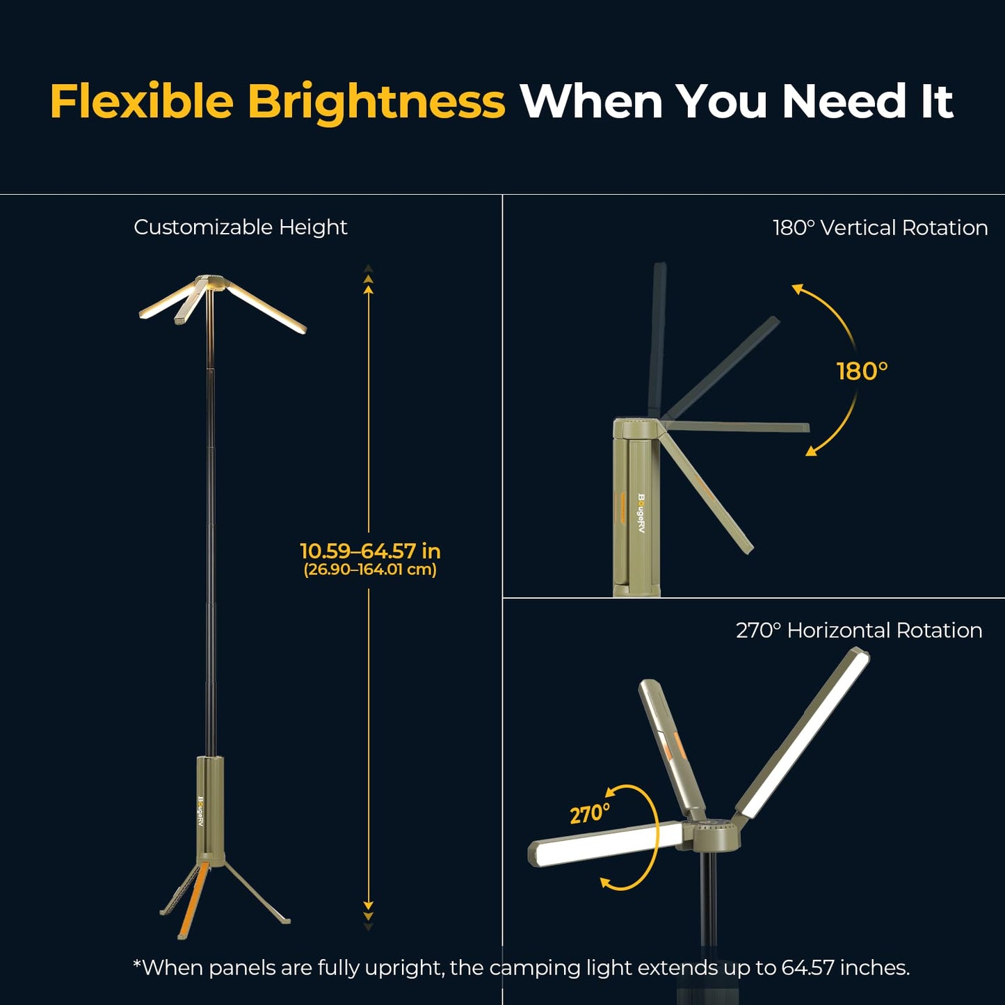 BougeRV Telescopic Camping Light, 15600mAh Collapsible Outdoor Light, Rotatable Electric Lantern, IP54 Waterproof Flashlight, Cordless Camping Tent Lamp for Emergency, Camping, Hiking, 2025 Version