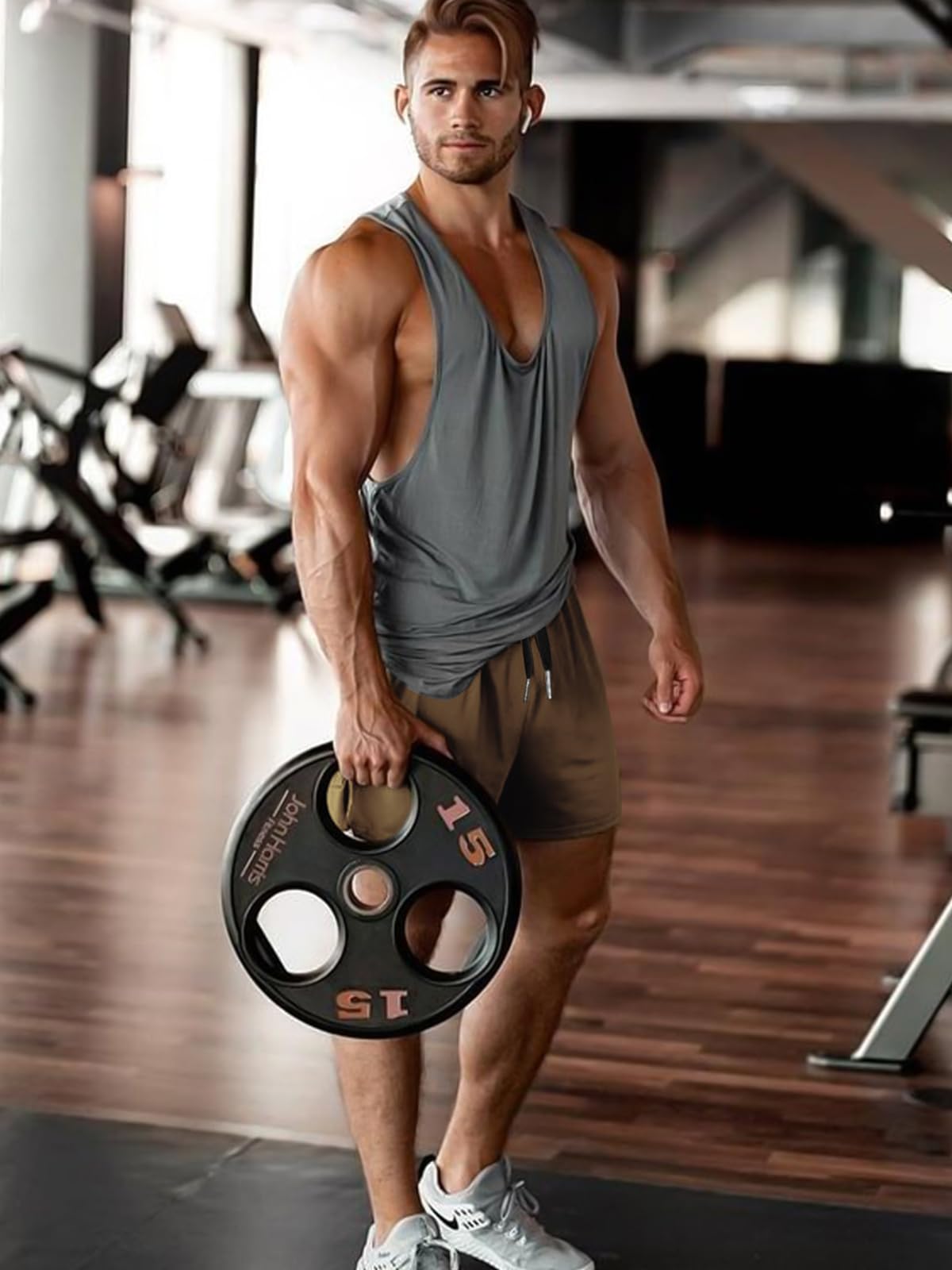 Aolesy Mens Workout Shorts with Zipper Pocket 5 Inch Lightweight Gym Running Shorts Linerless Bodybuilding Training Athletic Shorts Khaki