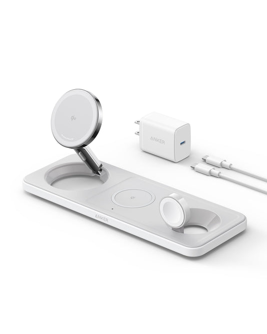 Anker iPhone 16 Foldable 3-in-1 Wireless Charging Station, Qi2 Certified 15W Ultra-Fast MagSafe-Compatible Wireless Charger, for iPhone 15/14 Series, AirPods, Apple Watch (USB-C Charger Included)