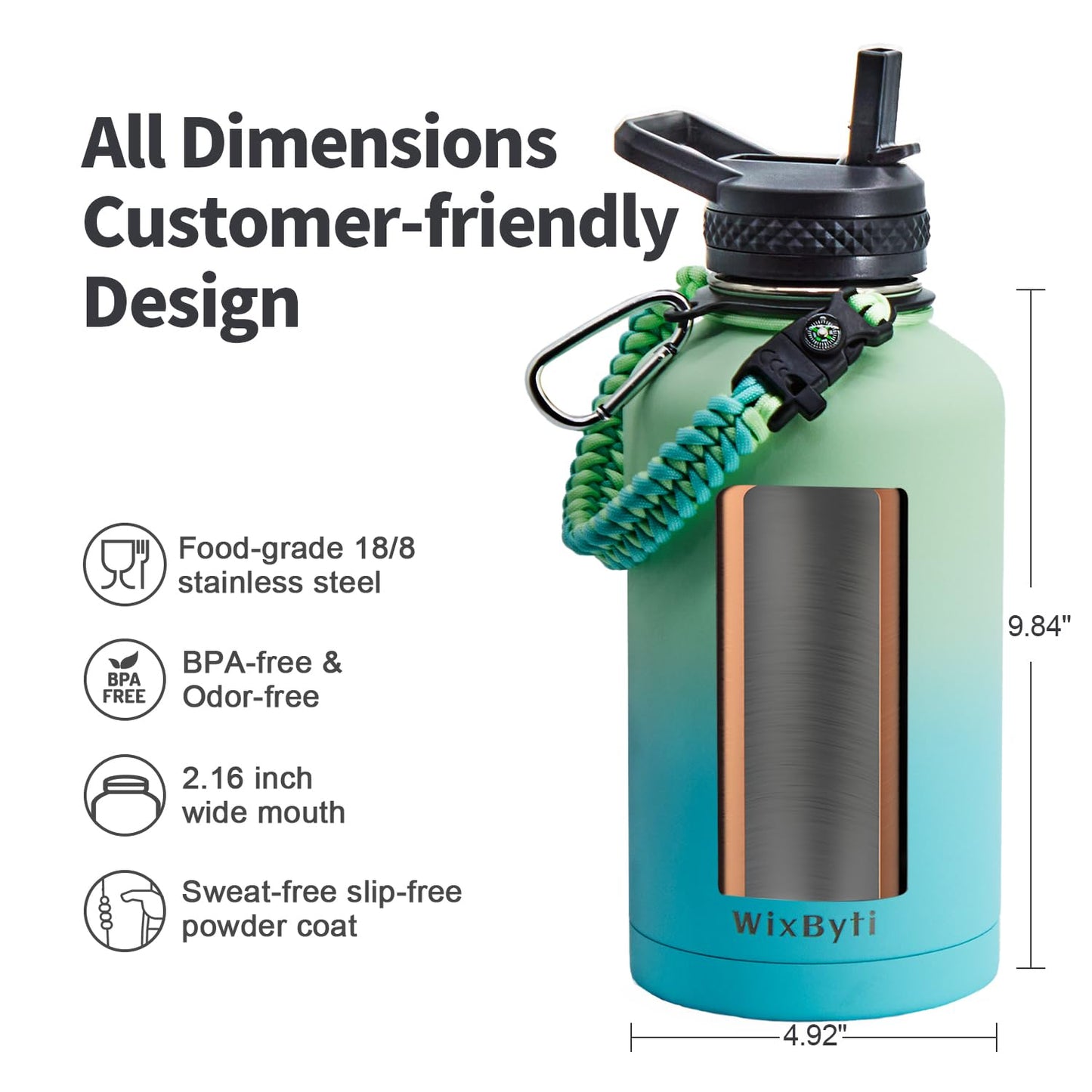 WixByti 64 oz Insulated Water Bottle with Straw (Cold for 48 Hrs), Half Gallon Stainless Steel Triple Wall Vacuum Sports Water Jug, Leakproof Hydro Cup Flask with Straw Spout Lids & DIY Stickers
