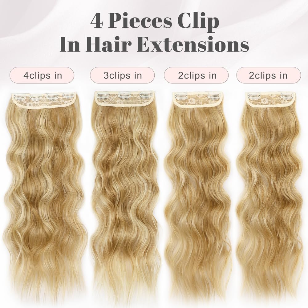ALXNAN Clip in Long Wavy Hair Extension 20 Inch Honey Blonde to Bleach Blonde Hair Extensions 4PCS Thick Hairpieces Fiber Double Weft Hair for Women