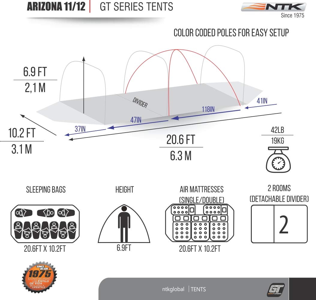 NTK Arizona GT 12 Person Tent for Family Camping | 20.6x10 ft Camping Tent with 2 Rooms, 2 Doors, 100% Waterproof Dome & Breathable Mesh | Outdoor Tent | 2500 mm Warm & Cold Weather Family Tent