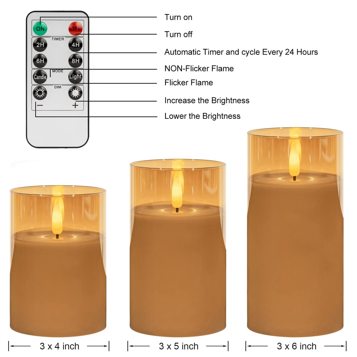 ANGELLOONG Glass Flickering Flameless Candles with Remote, Battery Operated Candles with Timer, Fake LED Pillar Candles for Home Fireplace Mantle Bathroom Decor, Gold