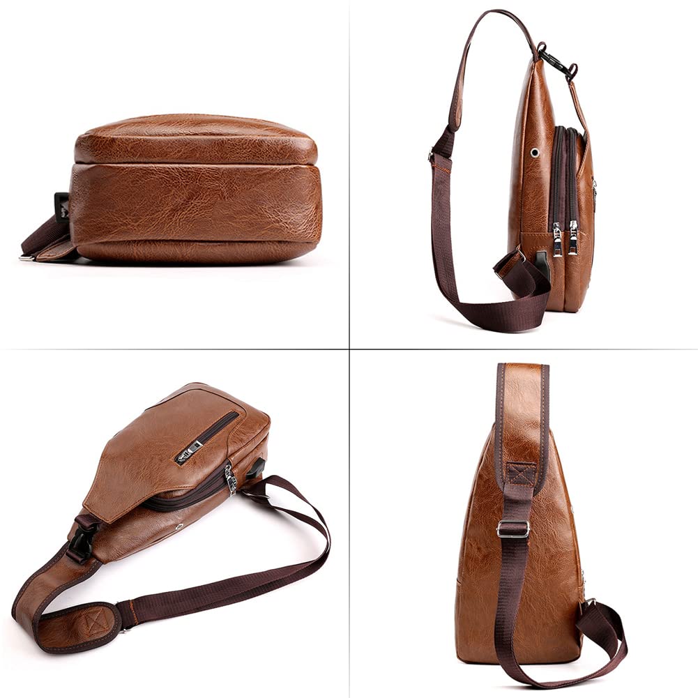 Peicees Leather Sling Bag Mens Crossbody Bag Chest Bag Sling Backpack for Men with USB Charge Port