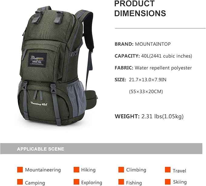 MOUNTAINTOP 40L Hiking Backpack Lightweight Travel Backpack for Men&Women Outdoor Camping Backpacking