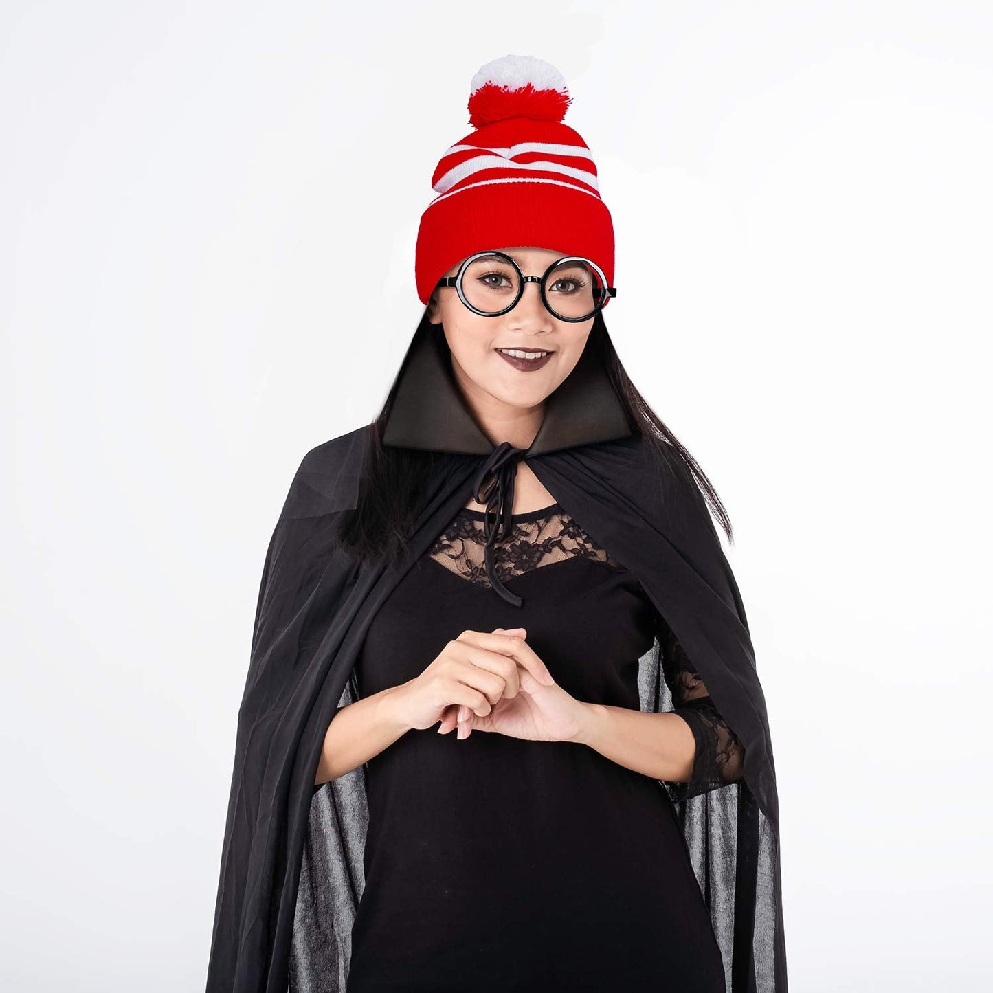Aneco Halloween Red White Knit Beanie with Pompoms Nerd Costumes Glasses for Men and Women