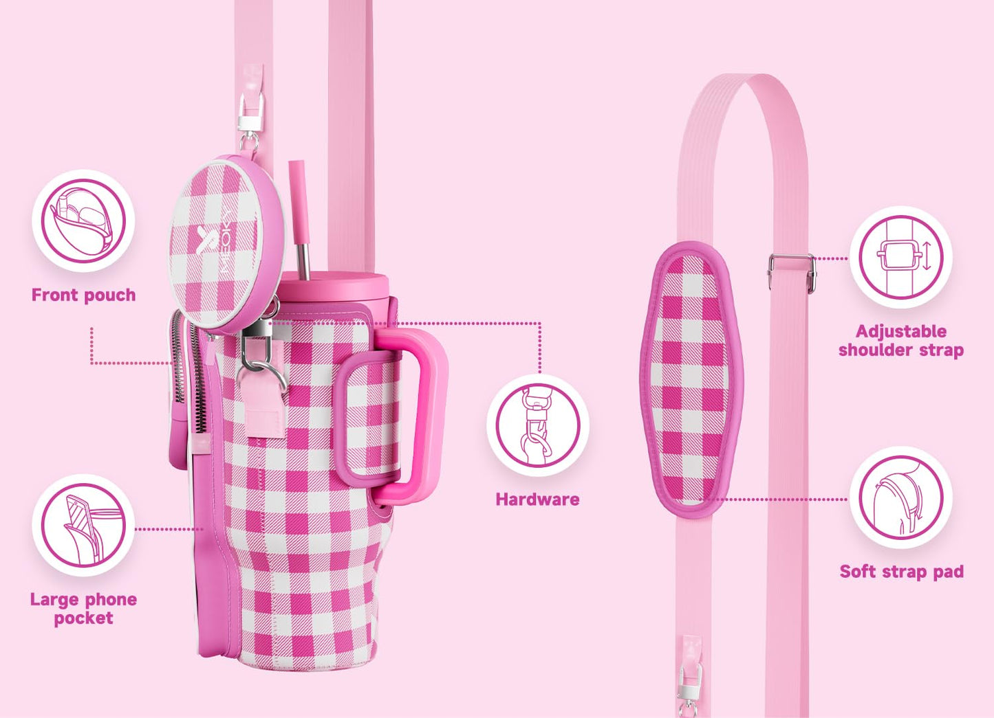 Meoky Water Bottle Carrier Bag with Phone Pocket for 40 oz Tumbler with Handle, Neoprene Water Bottle Holder Pouch with Adjustable Strap, 2 Carabiner Clips (Pink Plaid)