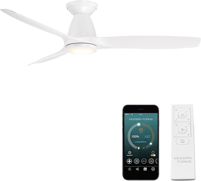 Modern Forms Skylark Indoor and Outdoor 3-Blade 54in Smart Flush Mount Ceiling Fan Matte White with 2700K-3000K-4000K-5000K Selectable LED Light Kit and Remote Control works with iOS or Android App
